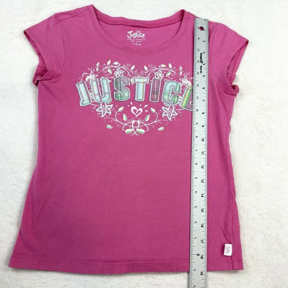 Vintage Y2K Justice Embellished Top Girls M Pink Big Spell Out Tee Rhinestones